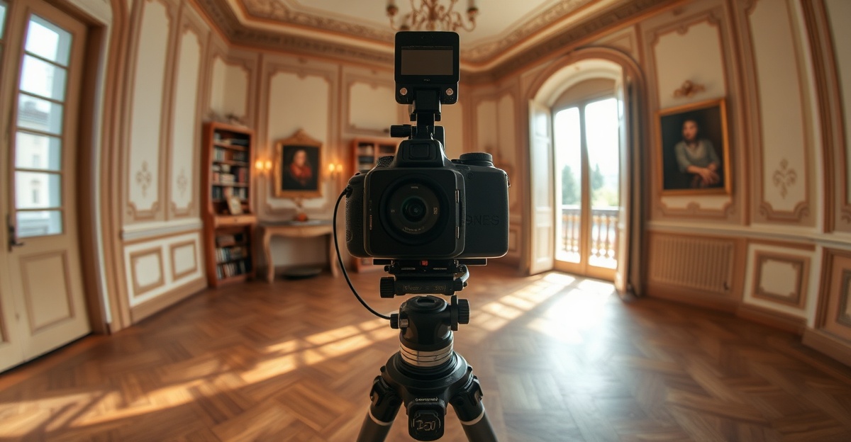 Caméra 360 posée sur un trépied dans un salon lumineux et épuré